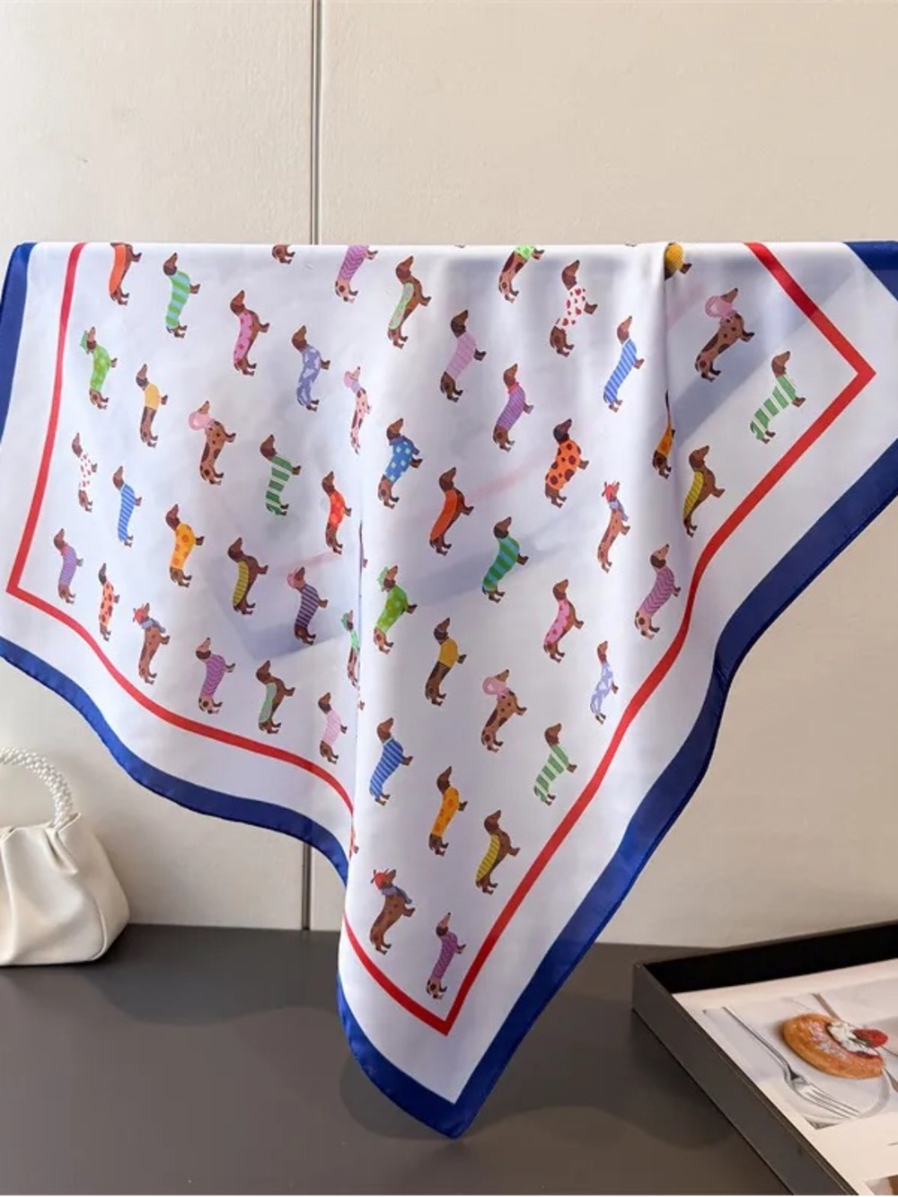 NWOT White Satin Scarf with Colorful Dachshund Print and Blue Border